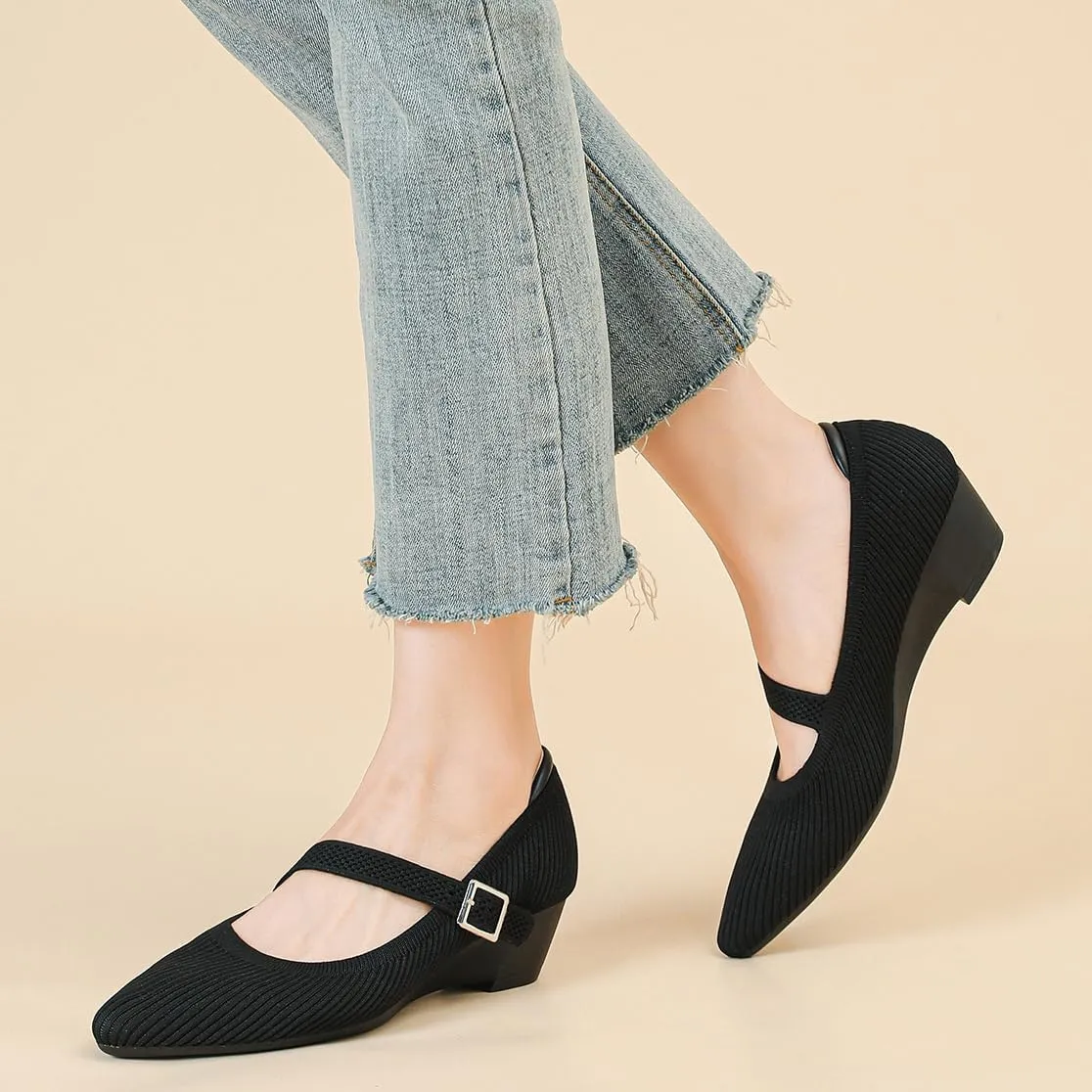 Women's Wedge Block Heel Pumps Ladies Breathable Weave Casual Shoes Buckle Strap Mary Janes