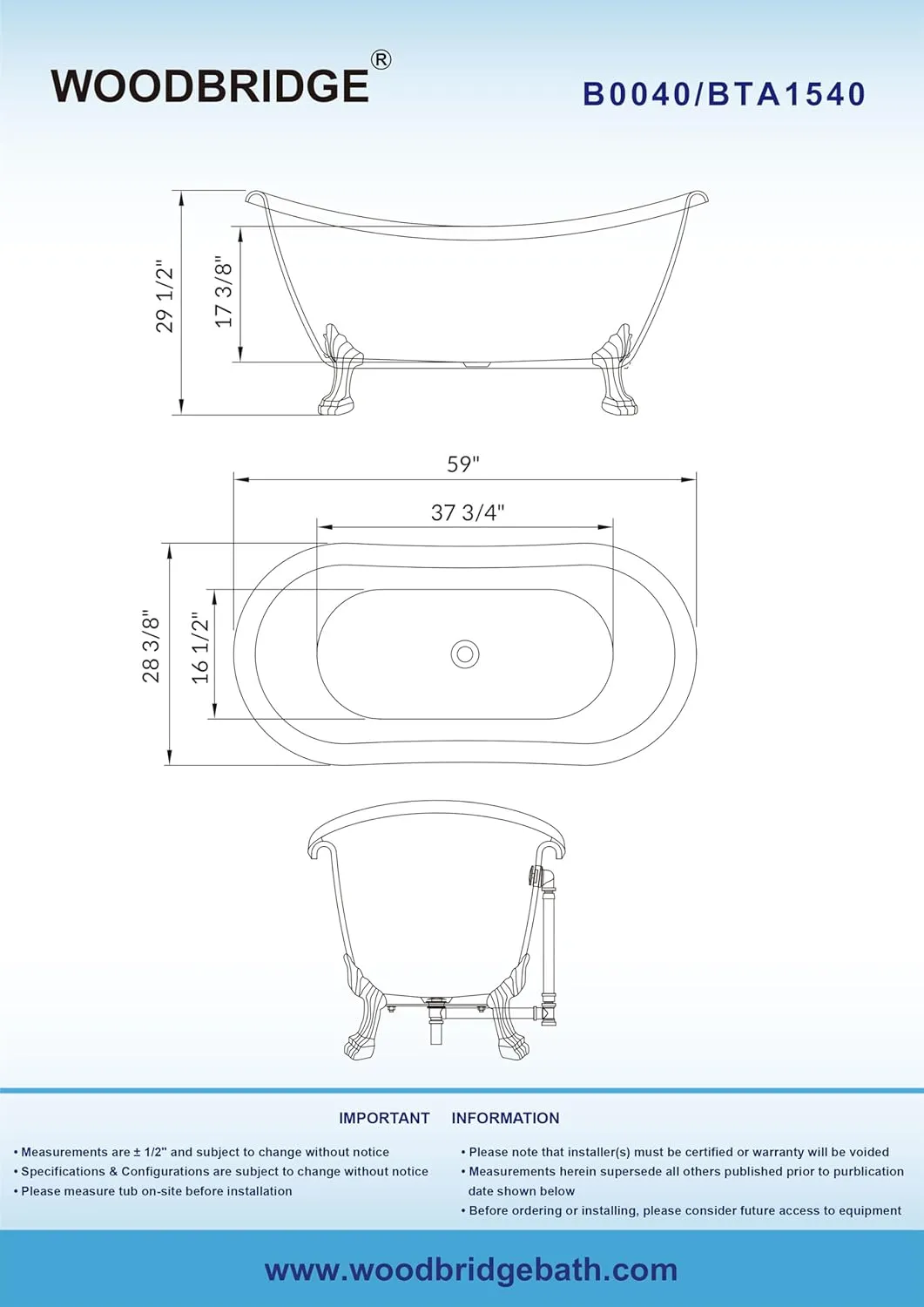 WOODBRIDGE 59" Heavy Duty Acrylic Double Slipper Clawfoot Bath Tub with Matte Black Feet   Drain &Overflow  Matte Black-Faucet