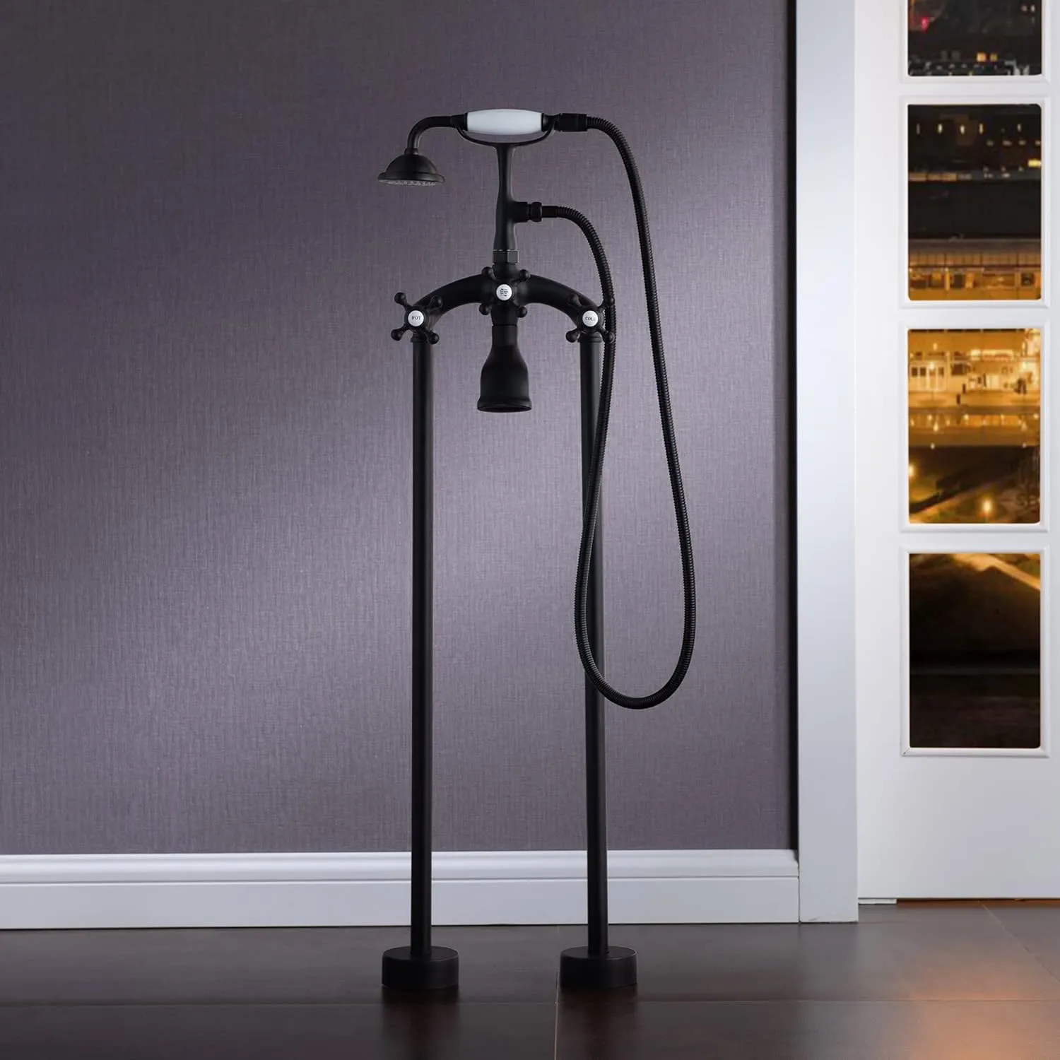 WOODBRIDGE 59" Heavy Duty Acrylic Double Slipper Clawfoot Bath Tub with Matte Black Feet   Drain &Overflow  Matte Black-Faucet