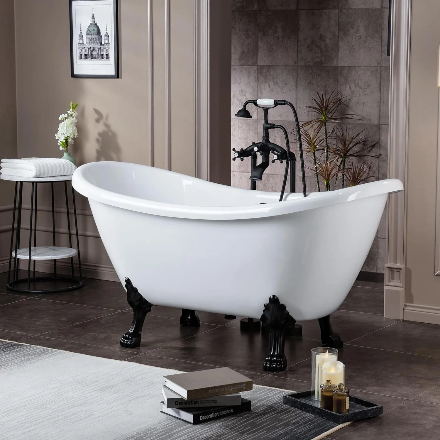 WOODBRIDGE 59" Heavy Duty Acrylic Double Slipper Clawfoot Bath Tub with Matte Black Feet   Drain &Overflow  Matte Black-Faucet