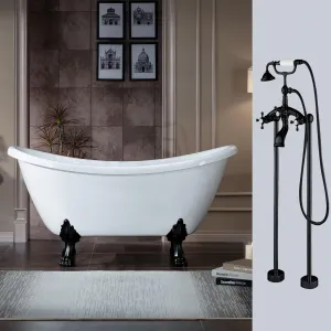 WOODBRIDGE 59" Heavy Duty Acrylic Double Slipper Clawfoot Bath Tub with Matte Black Feet   Drain &Overflow  Matte Black-Faucet