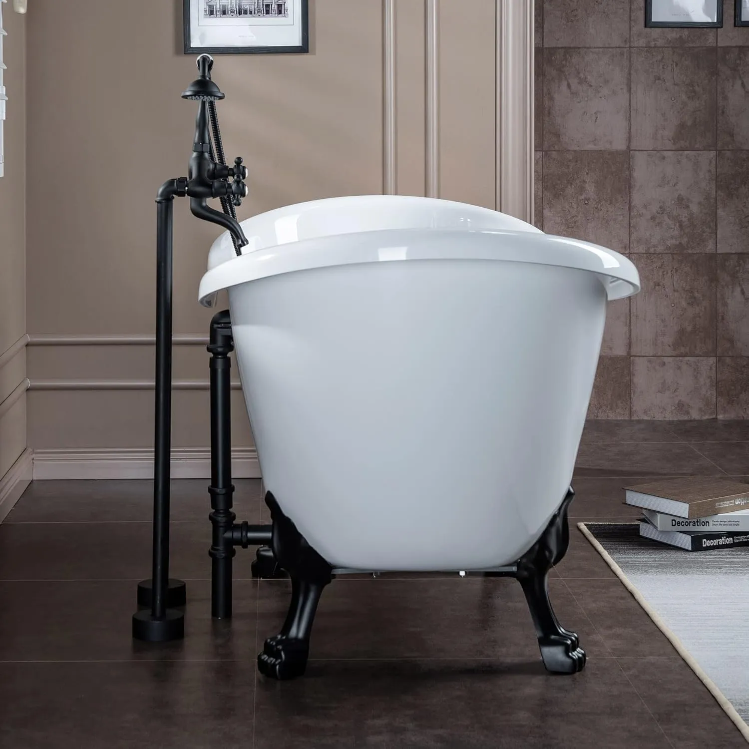 WOODBRIDGE 59" Heavy Duty Acrylic Double Slipper Clawfoot Bath Tub with Matte Black Feet   Drain &Overflow  Matte Black-Faucet