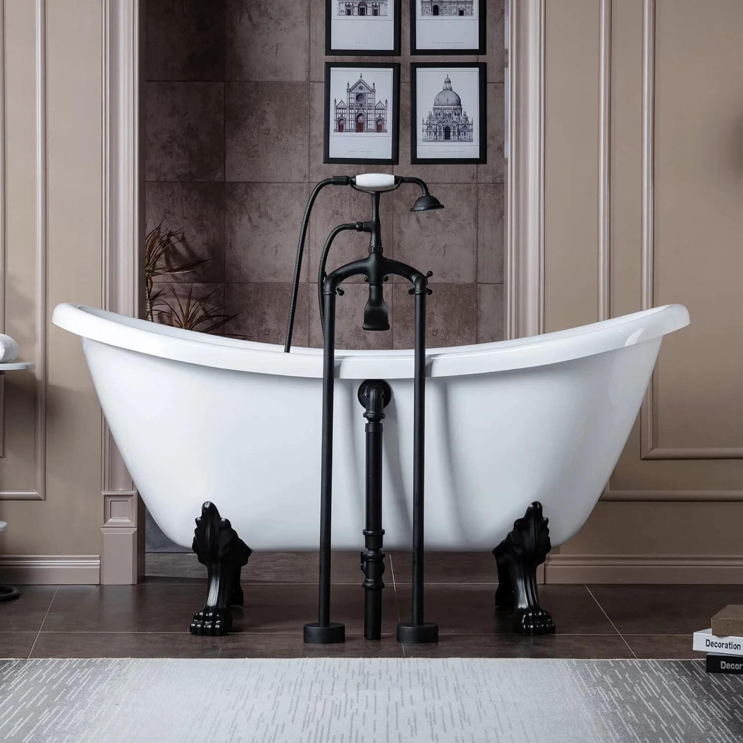 WOODBRIDGE 59" Heavy Duty Acrylic Double Slipper Clawfoot Bath Tub with Matte Black Feet   Drain &Overflow  Matte Black-Faucet