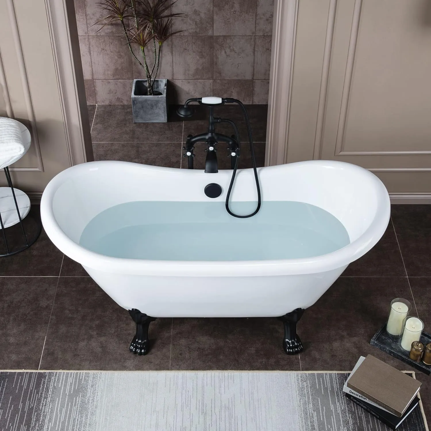 WOODBRIDGE 59" Heavy Duty Acrylic Double Slipper Clawfoot Bath Tub with Matte Black Feet   Drain &Overflow  Matte Black-Faucet