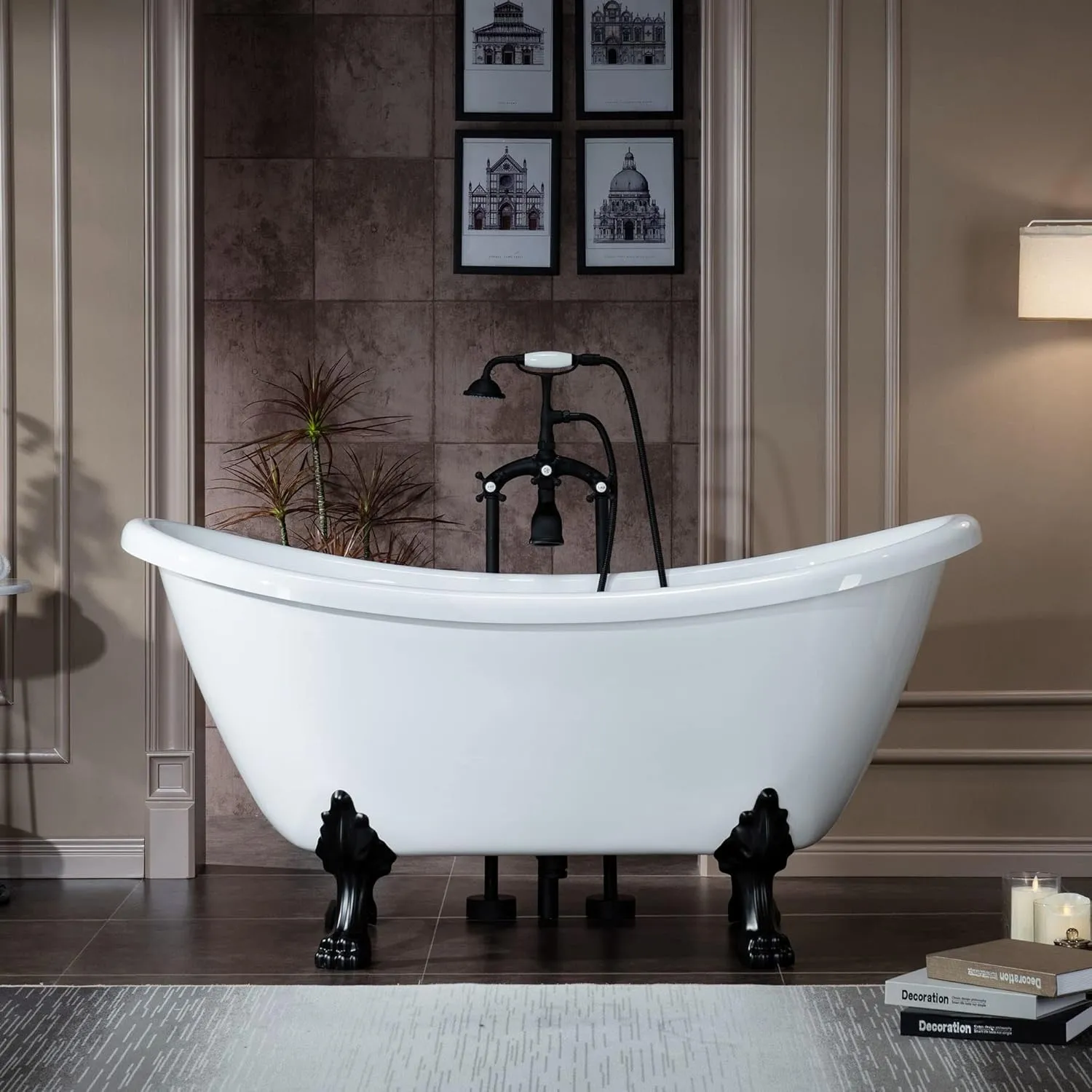 WOODBRIDGE 59" Heavy Duty Acrylic Double Slipper Clawfoot Bath Tub with Matte Black Feet   Drain &Overflow  Matte Black-Faucet