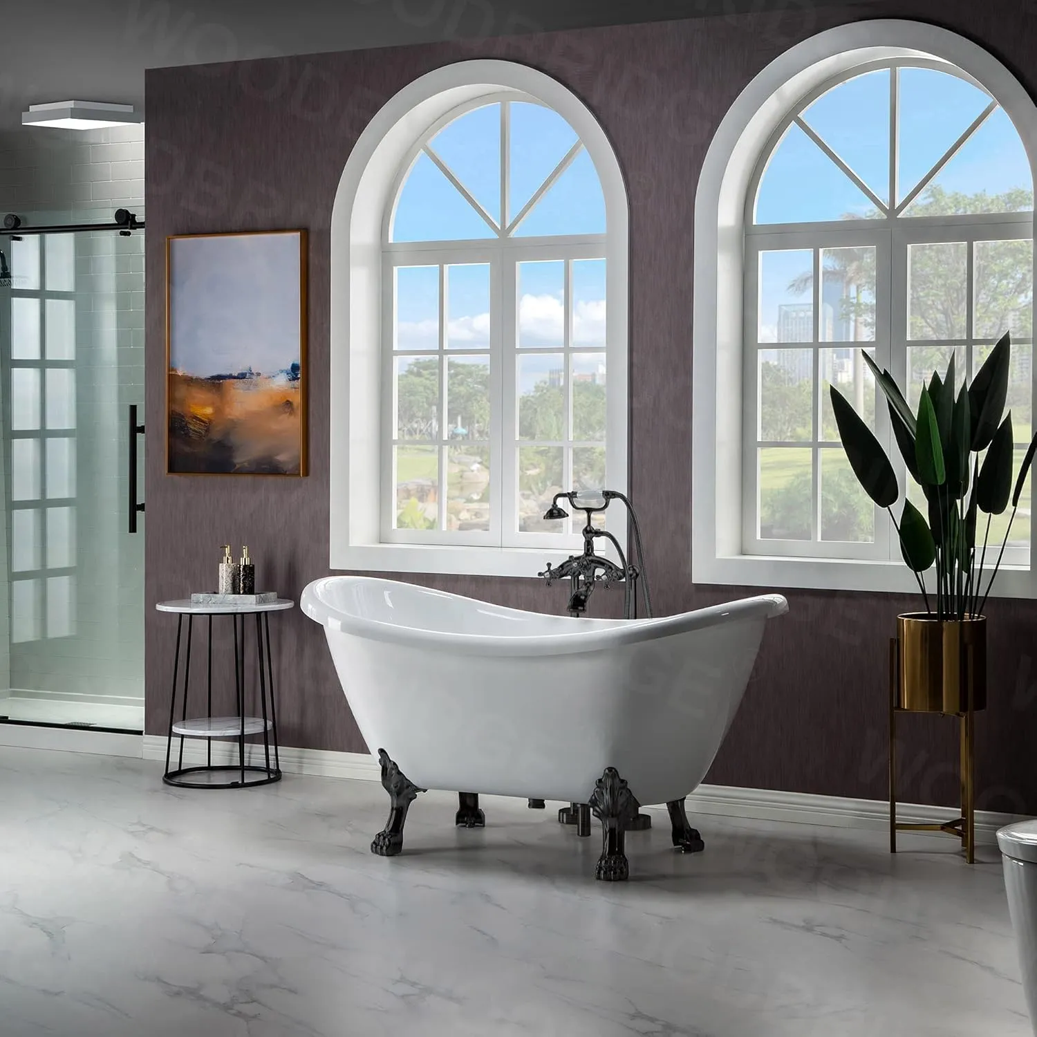 WOODBRIDGE 59" Heavy Duty Acrylic Double Slipper Clawfoot Bath Tub with Oil-Rubbed Bronze Feet   Oil-Rubbed Bronze Drain &Overflow