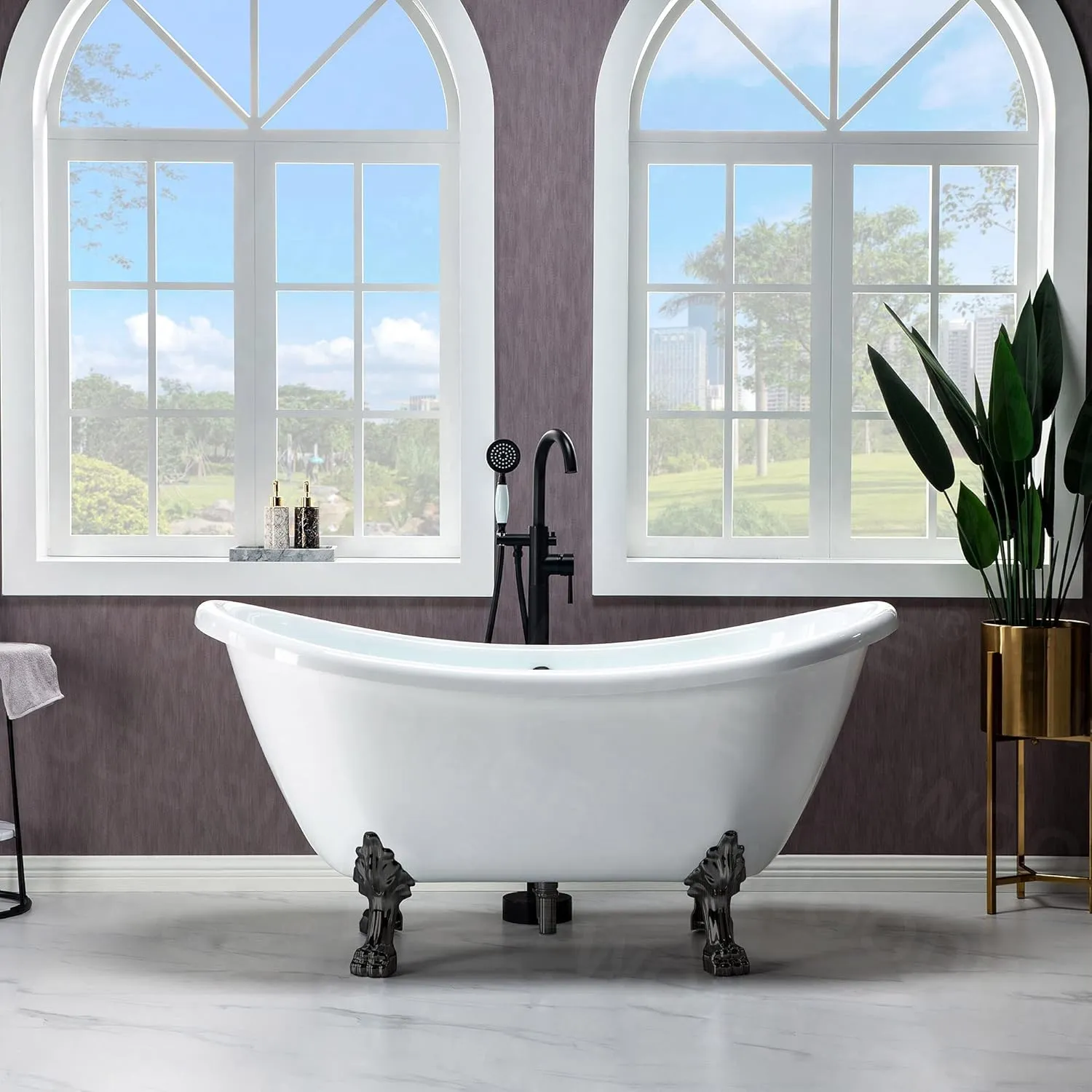 WOODBRIDGE 59" Heavy Duty Acrylic Double Slipper Clawfoot Bath Tub with Oil-Rubbed Bronze Feet   Oil-Rubbed Bronze Drain &Overflow