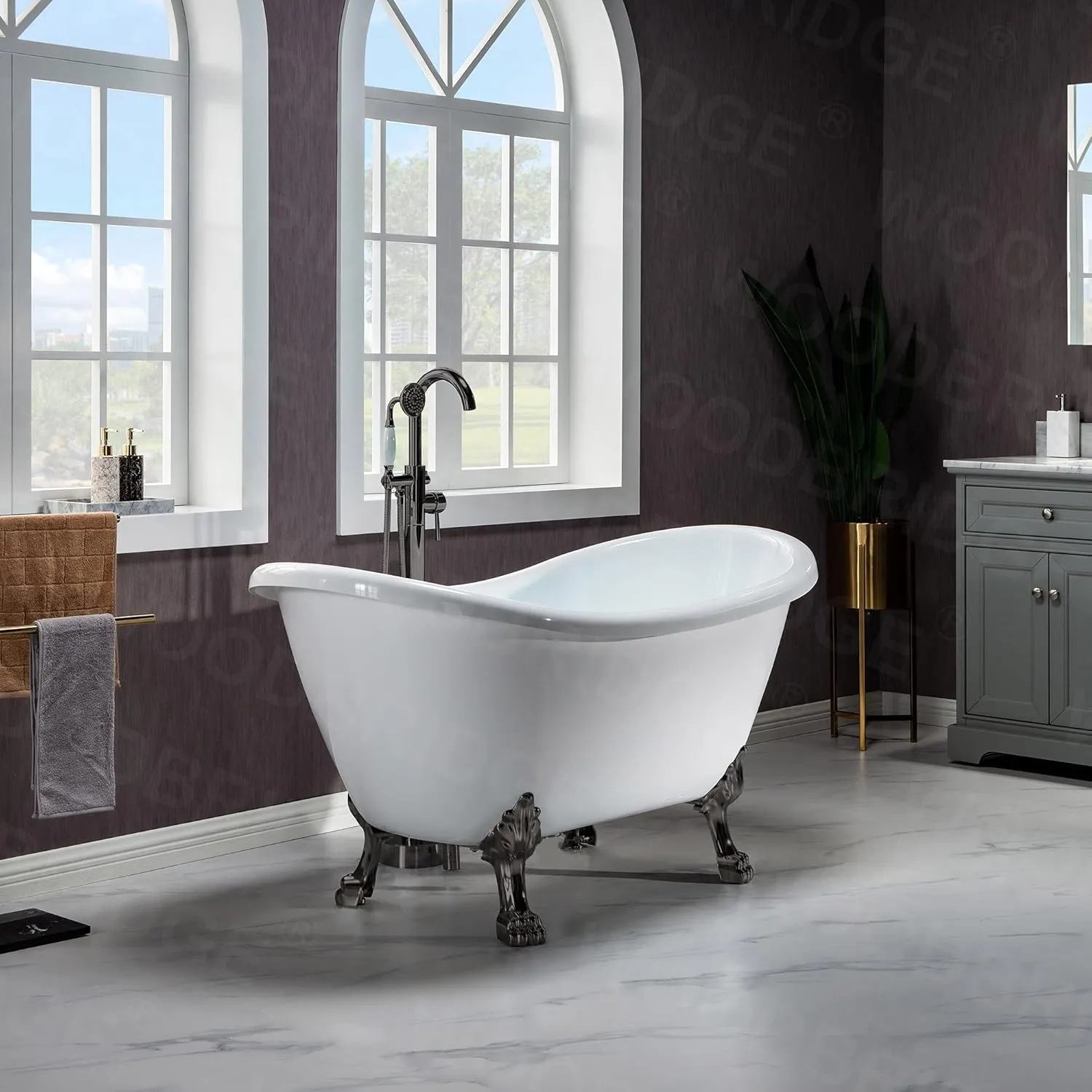 WOODBRIDGE 59" Heavy Duty Acrylic Double Slipper Clawfoot Bath Tub with Oil-Rubbed Bronze Feet   Oil-Rubbed Bronze Drain &Overflow