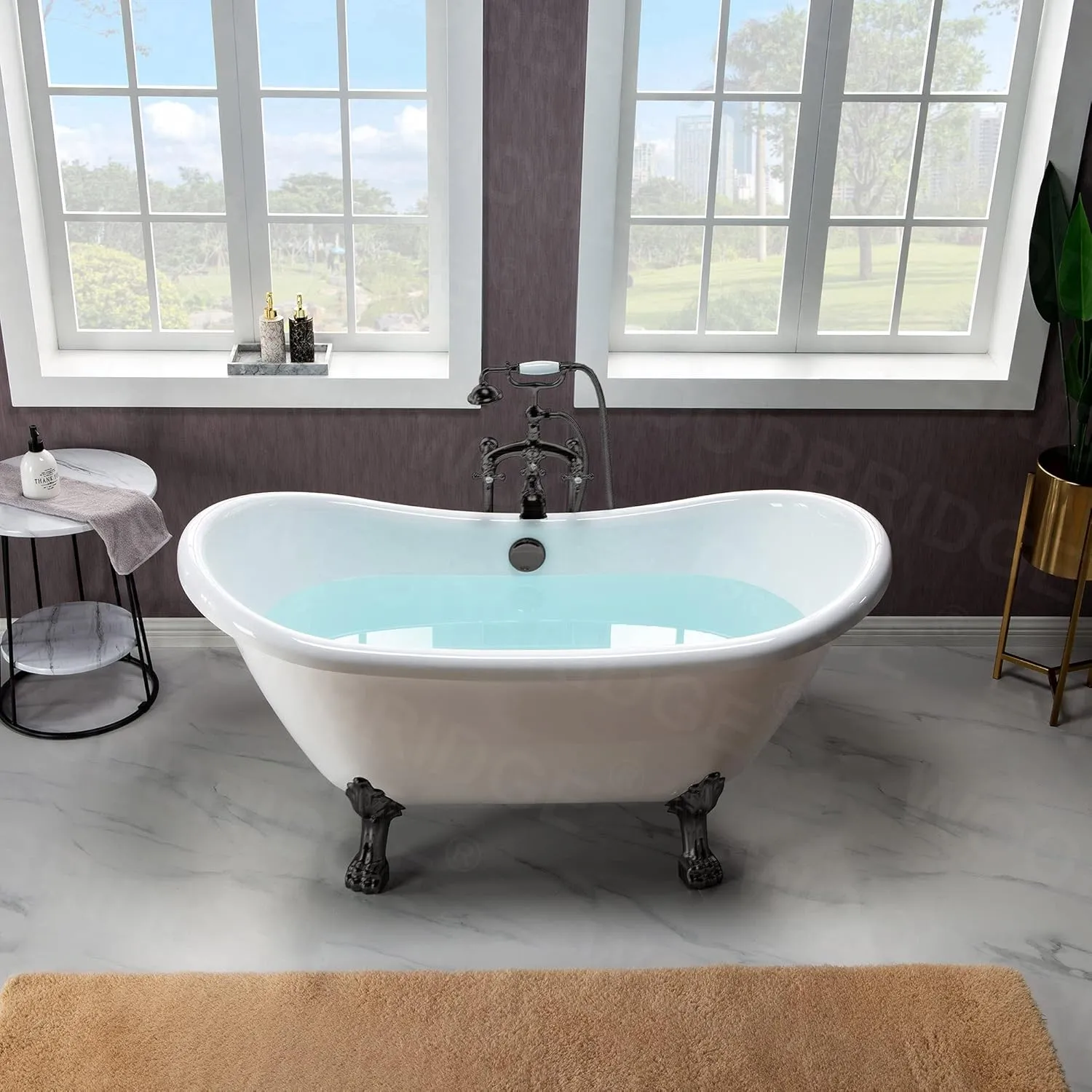 WOODBRIDGE 59" Heavy Duty Acrylic Double Slipper Clawfoot Bath Tub with Oil-Rubbed Bronze Feet   Oil-Rubbed Bronze Drain &Overflow