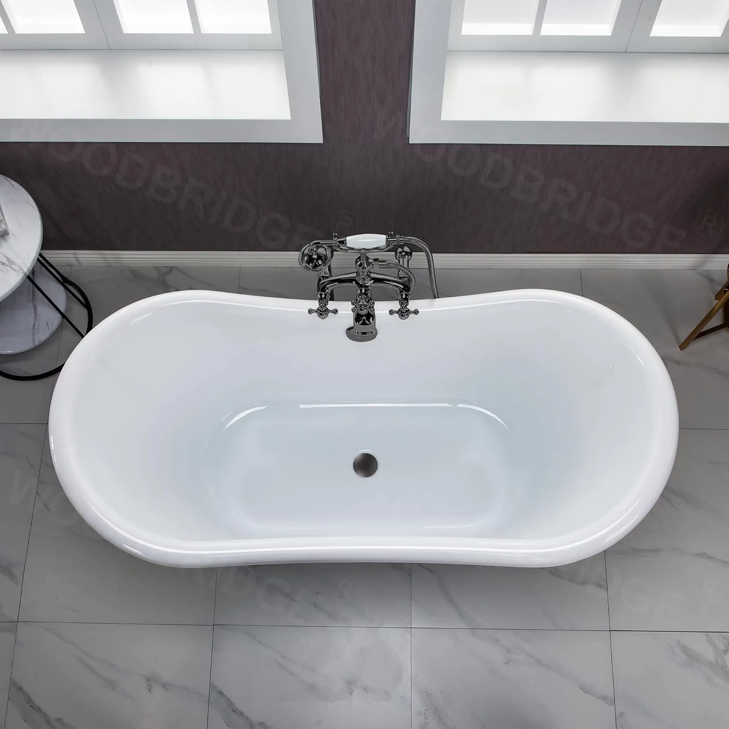 WOODBRIDGE 59" Heavy Duty Acrylic Double Slipper Clawfoot Bath Tub with Oil-Rubbed Bronze Feet   Oil-Rubbed Bronze Drain &Overflow