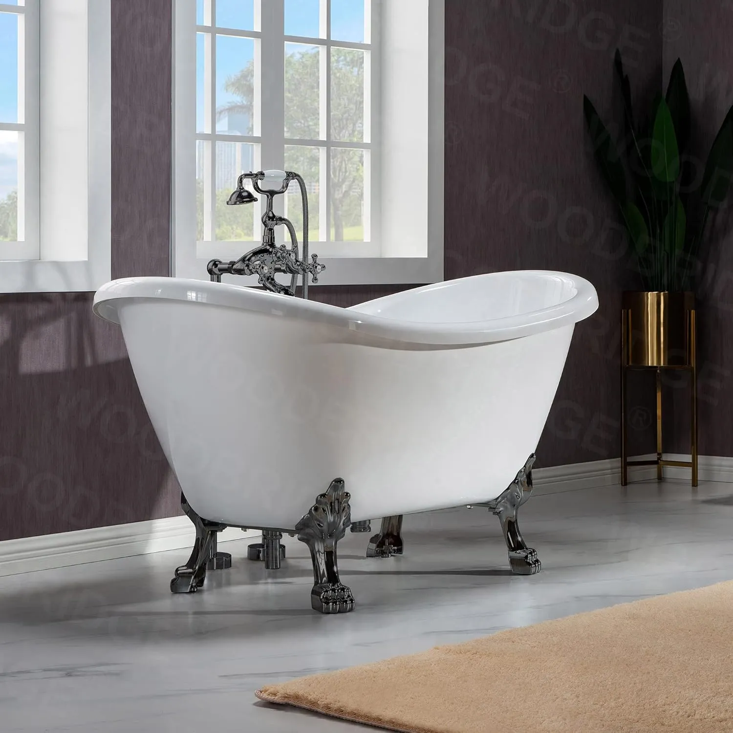 WOODBRIDGE 59" Heavy Duty Acrylic Double Slipper Clawfoot Bath Tub with Oil-Rubbed Bronze Feet   Oil-Rubbed Bronze Drain &Overflow