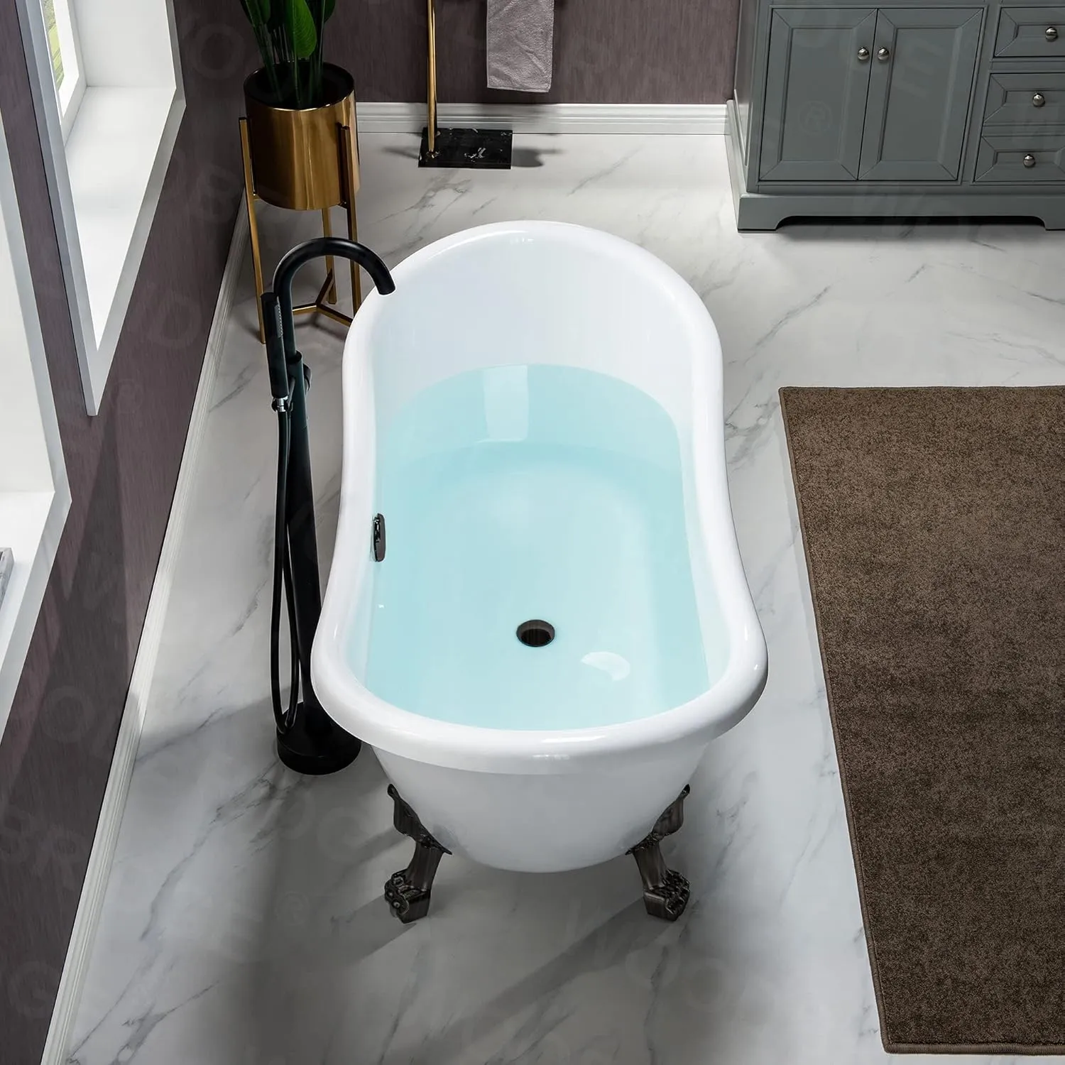WOODBRIDGE 59" Heavy Duty Acrylic Double Slipper Clawfoot Bath Tub with Oil-Rubbed Bronze Feet   Oil-Rubbed Bronze Drain &Overflow