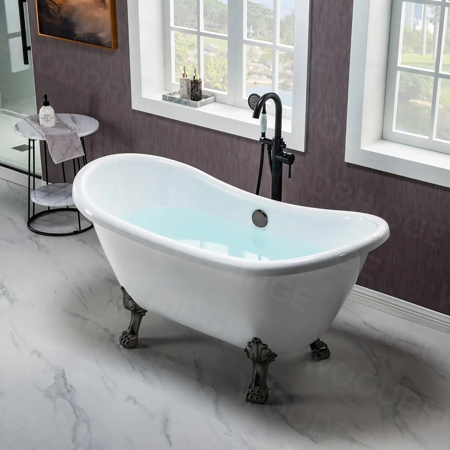 WOODBRIDGE 59" Heavy Duty Acrylic Double Slipper Clawfoot Bath Tub with Oil-Rubbed Bronze Feet   Oil-Rubbed Bronze Drain &Overflow
