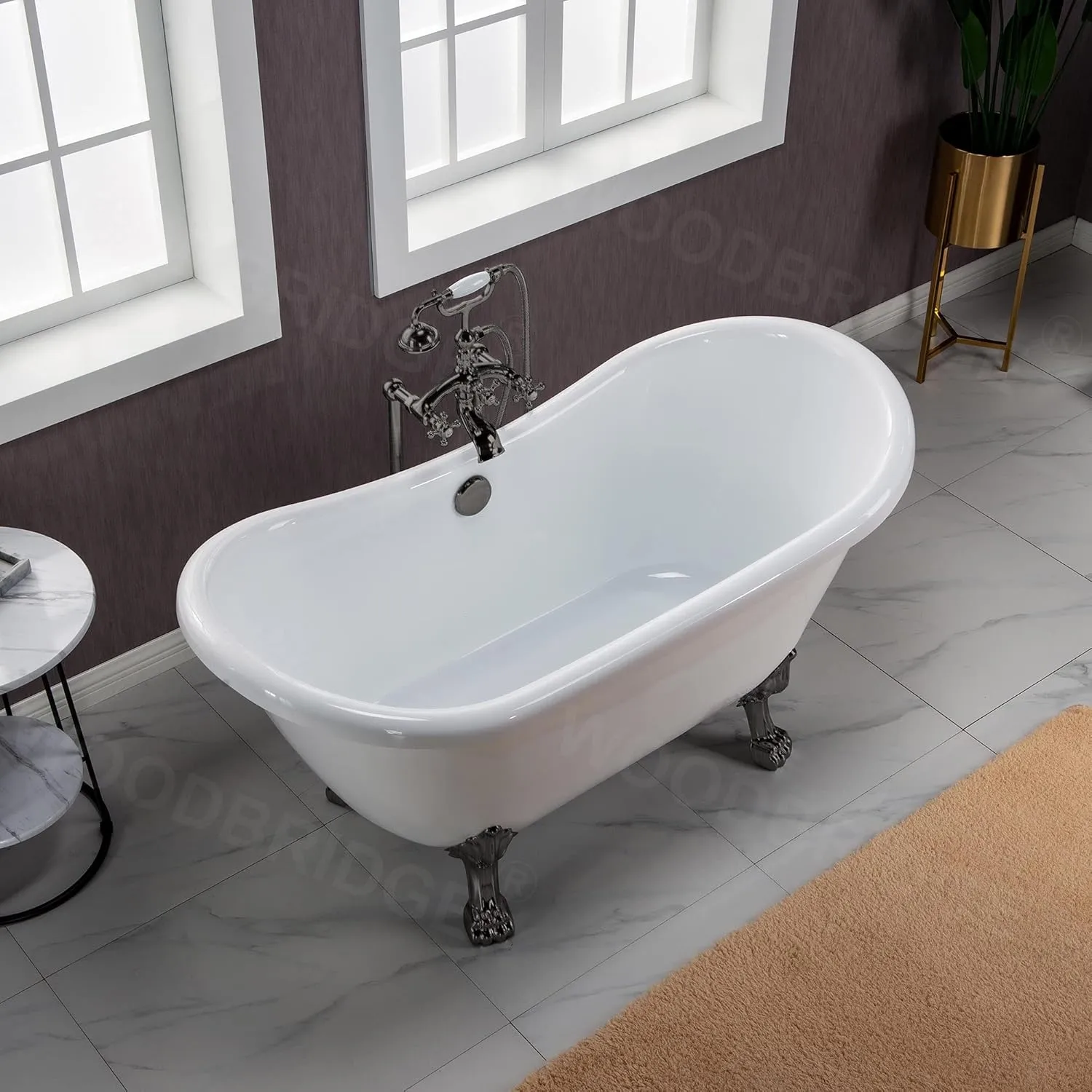 WOODBRIDGE 59" Heavy Duty Acrylic Double Slipper Clawfoot Bath Tub with Oil-Rubbed Bronze Feet   Oil-Rubbed Bronze Drain &Overflow