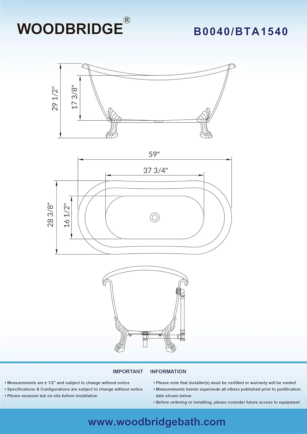 WOODBRIDGE BTA1540-B/N-Feet Drain  B/N-Faucet Bathtub, Brushed Nickel