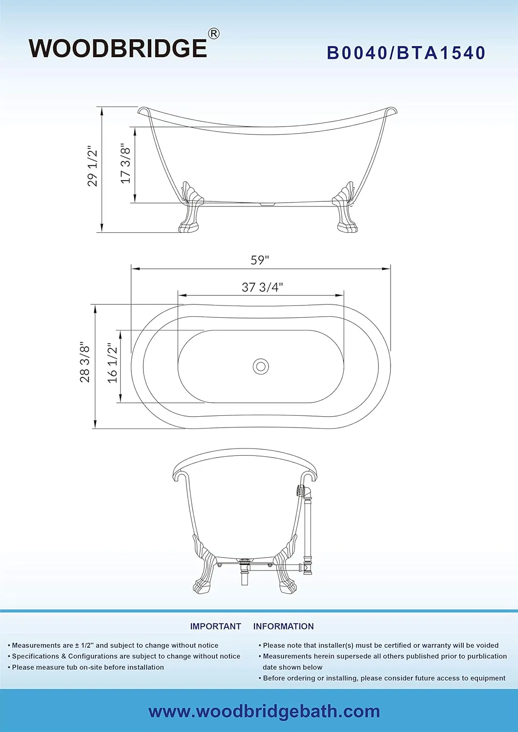 WOODBRIDGE BTA1540-C-Feet  C-Drain  C-Faucet Bathtub, Chrome
