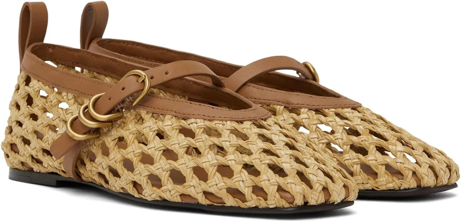 Woven Ballet Flats for Women Cute Raffia Mary Janes Bow Elastic Strap Summer Straw Comfortable Casual Dressy Shoes