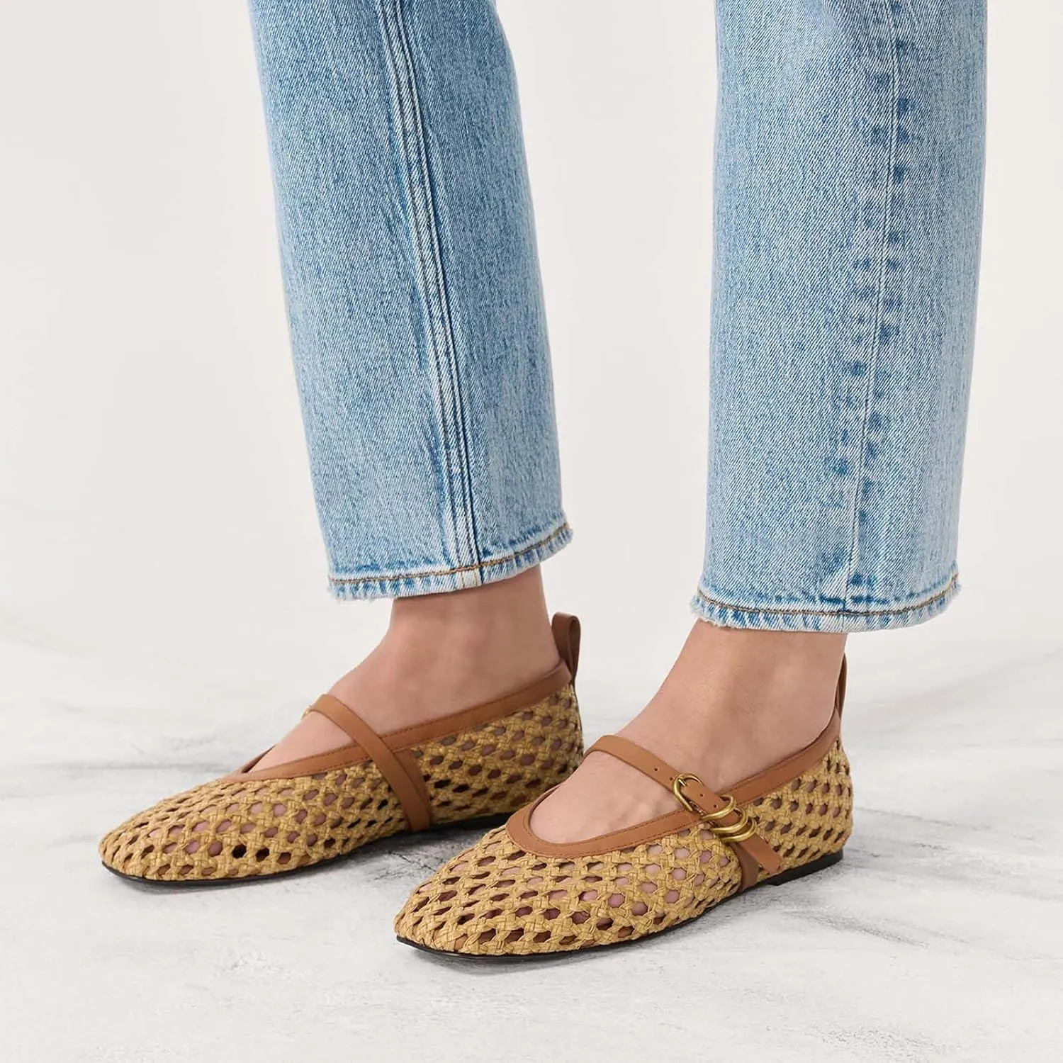 Woven Ballet Flats for Women Cute Raffia Mary Janes Bow Elastic Strap Summer Straw Comfortable Casual Dressy Shoes