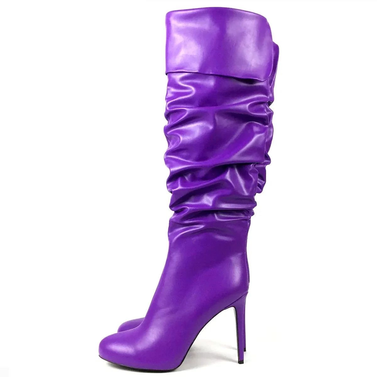 Wrinkled Over the Knee Round Toe High Heel Boots