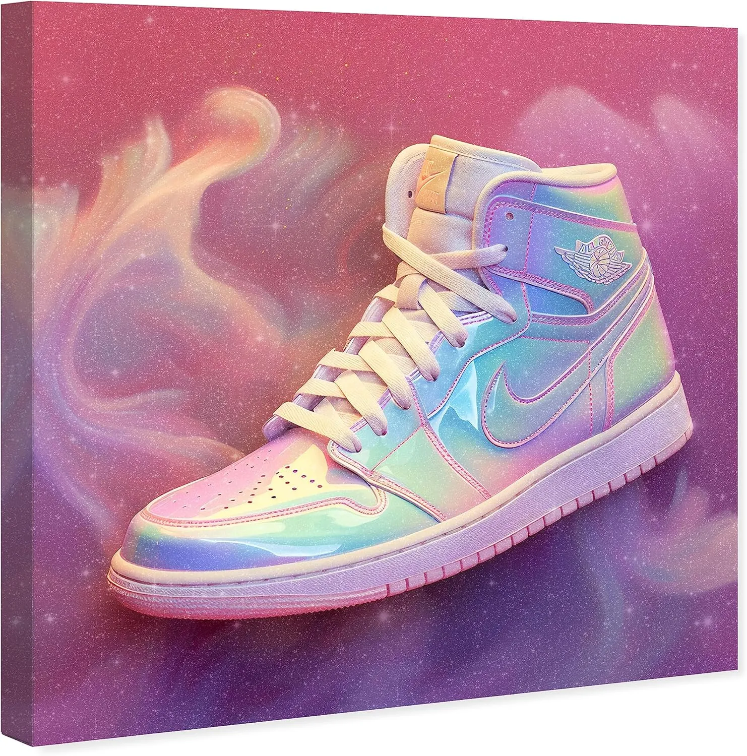 Wynwood Studio Fashion and Glam Contemporary Canvas Art - Holo Dreams Sneaker, Wall Art for Living Room, Bedroom, and Bathroom, 20 in x 20, Pink and Purple Home Decor