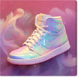 Wynwood Studio Fashion and Glam Contemporary Canvas Art - Holo Dreams Sneaker, Wall Art for Living Room, Bedroom, and Bathroom, 20 in x 20, Pink and Purple Home Decor