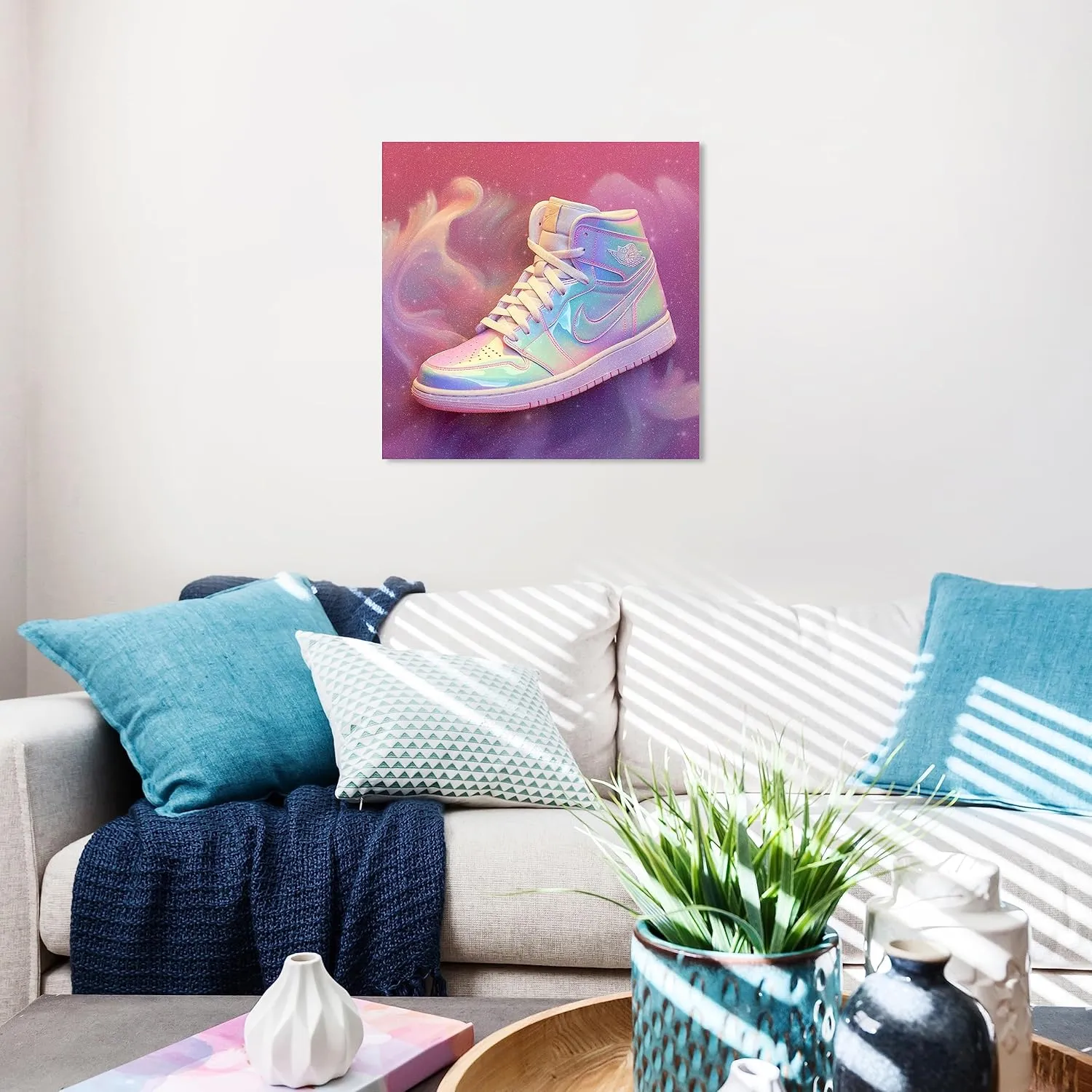 Wynwood Studio Fashion and Glam Contemporary Canvas Art - Holo Dreams Sneaker, Wall Art for Living Room, Bedroom, and Bathroom, 20 in x 20, Pink and Purple Home Decor