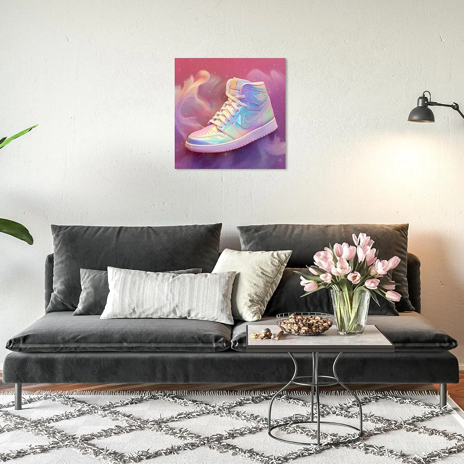 Wynwood Studio Fashion and Glam Contemporary Canvas Art - Holo Dreams Sneaker, Wall Art for Living Room, Bedroom, and Bathroom, 20 in x 20, Pink and Purple Home Decor