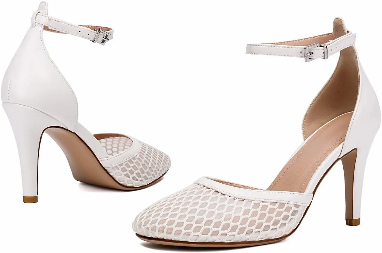 XIEDA Women's Mesh Heels Closed Toe Ankle Strap Stiletto Sexy High Heels Prom Dress Pumps Shoes