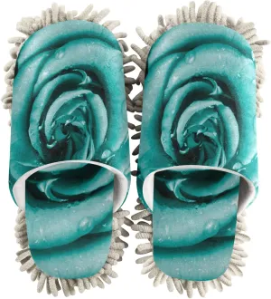xigua Valentine's Day Microfiber Cleaning Slippers Turquoise Rose with Riandrops Washable Mop Shoes Slipper for Men/Women House Floor Dust Cleaner, Size L