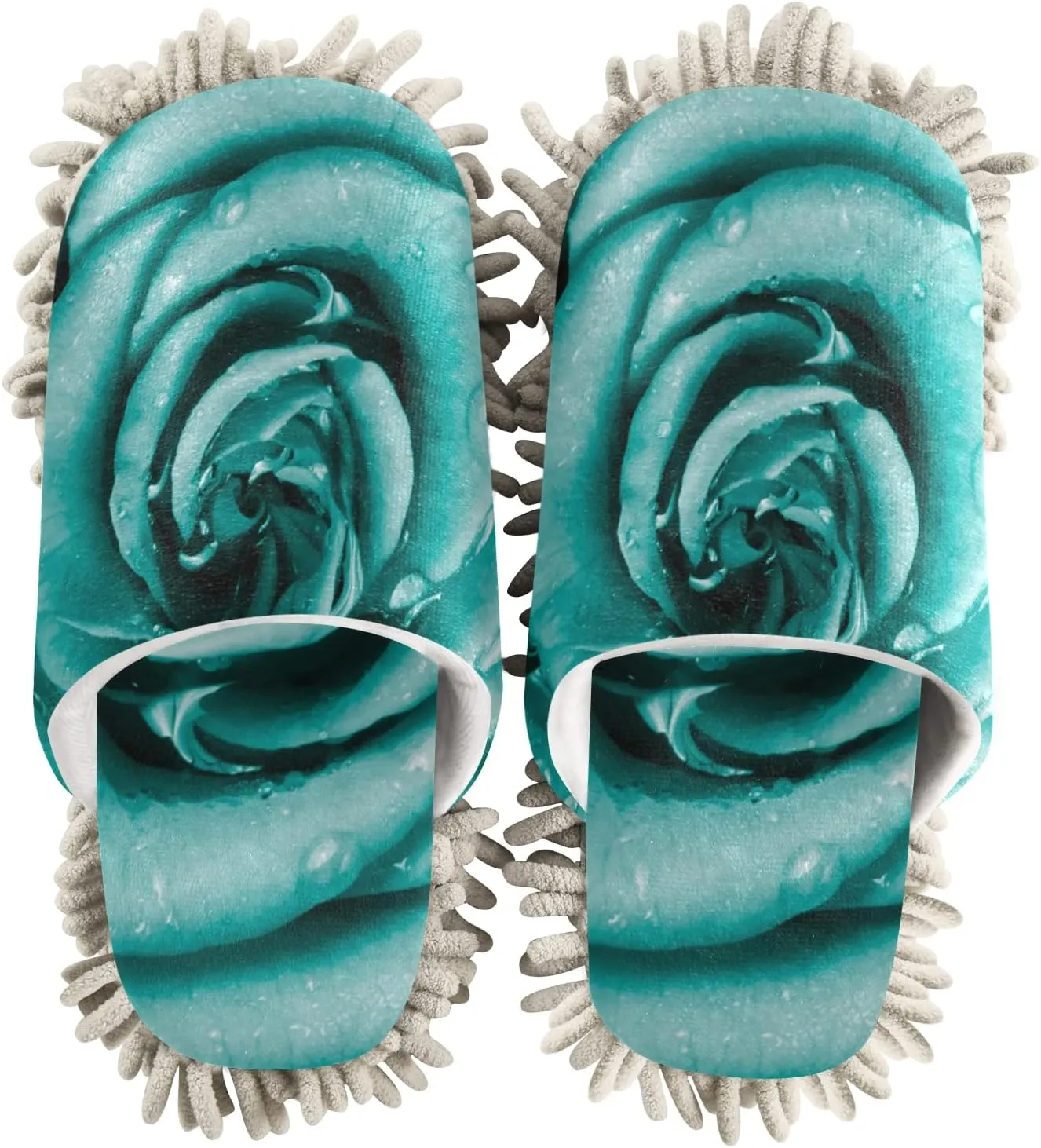 xigua Valentine's Day Microfiber Cleaning Slippers Turquoise Rose with Riandrops Washable Mop Shoes Slipper for Men/Women House Floor Dust Cleaner, Size L