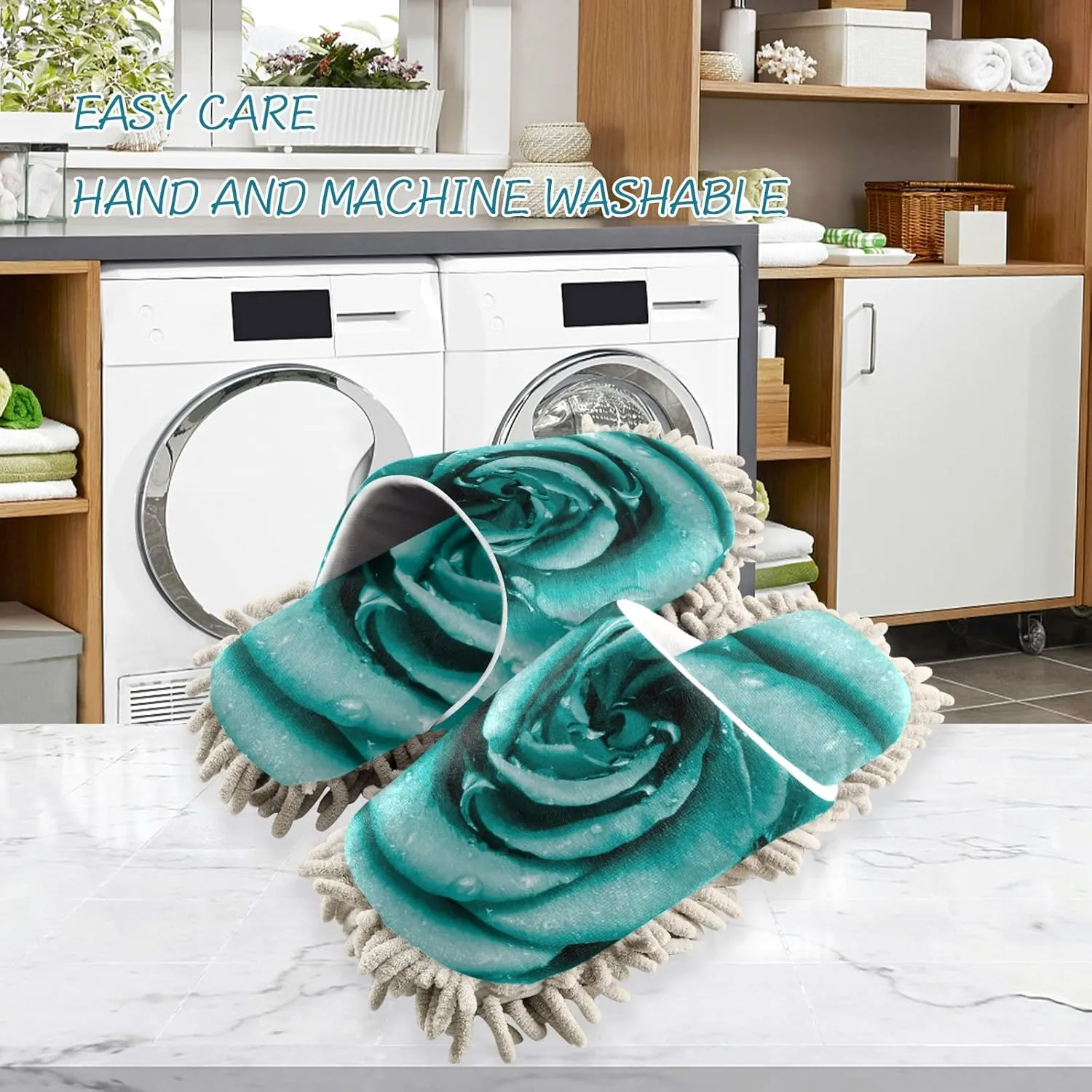 xigua Valentine's Day Microfiber Cleaning Slippers Turquoise Rose with Riandrops Washable Mop Shoes Slipper for Men/Women House Floor Dust Cleaner, Size L