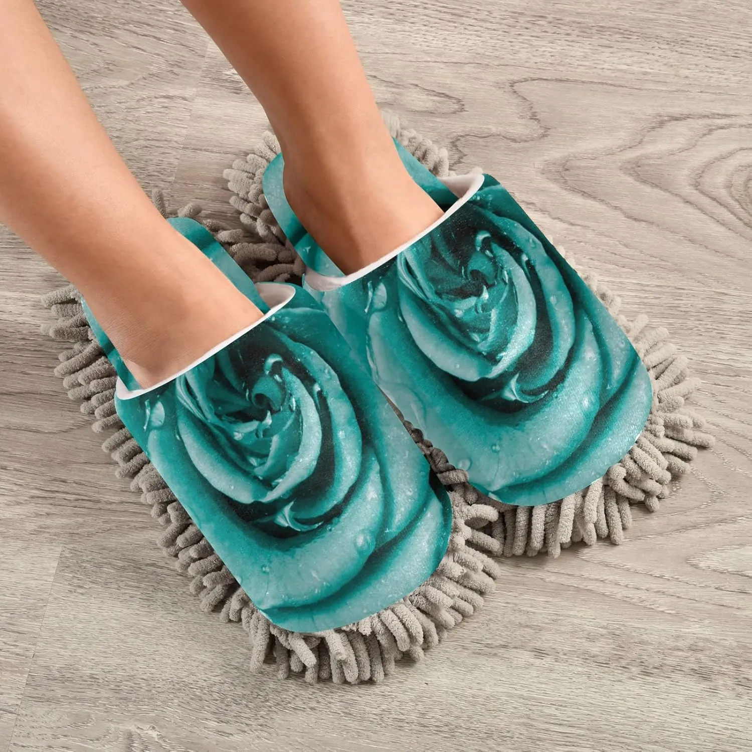 xigua Valentine's Day Microfiber Cleaning Slippers Turquoise Rose with Riandrops Washable Mop Shoes Slipper for Men/Women House Floor Dust Cleaner, Size L