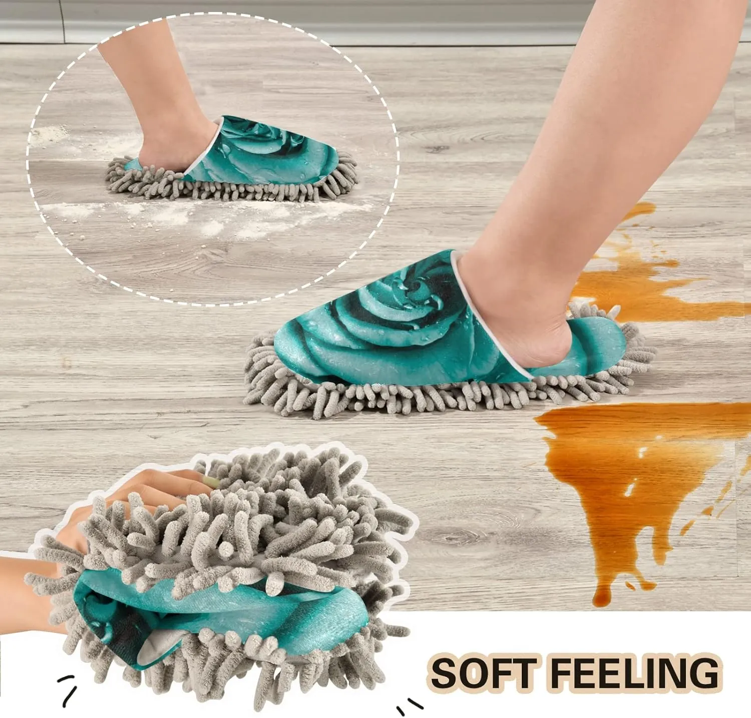 xigua Valentine's Day Microfiber Cleaning Slippers Turquoise Rose with Riandrops Washable Mop Shoes Slipper for Men/Women House Floor Dust Cleaner, Size L