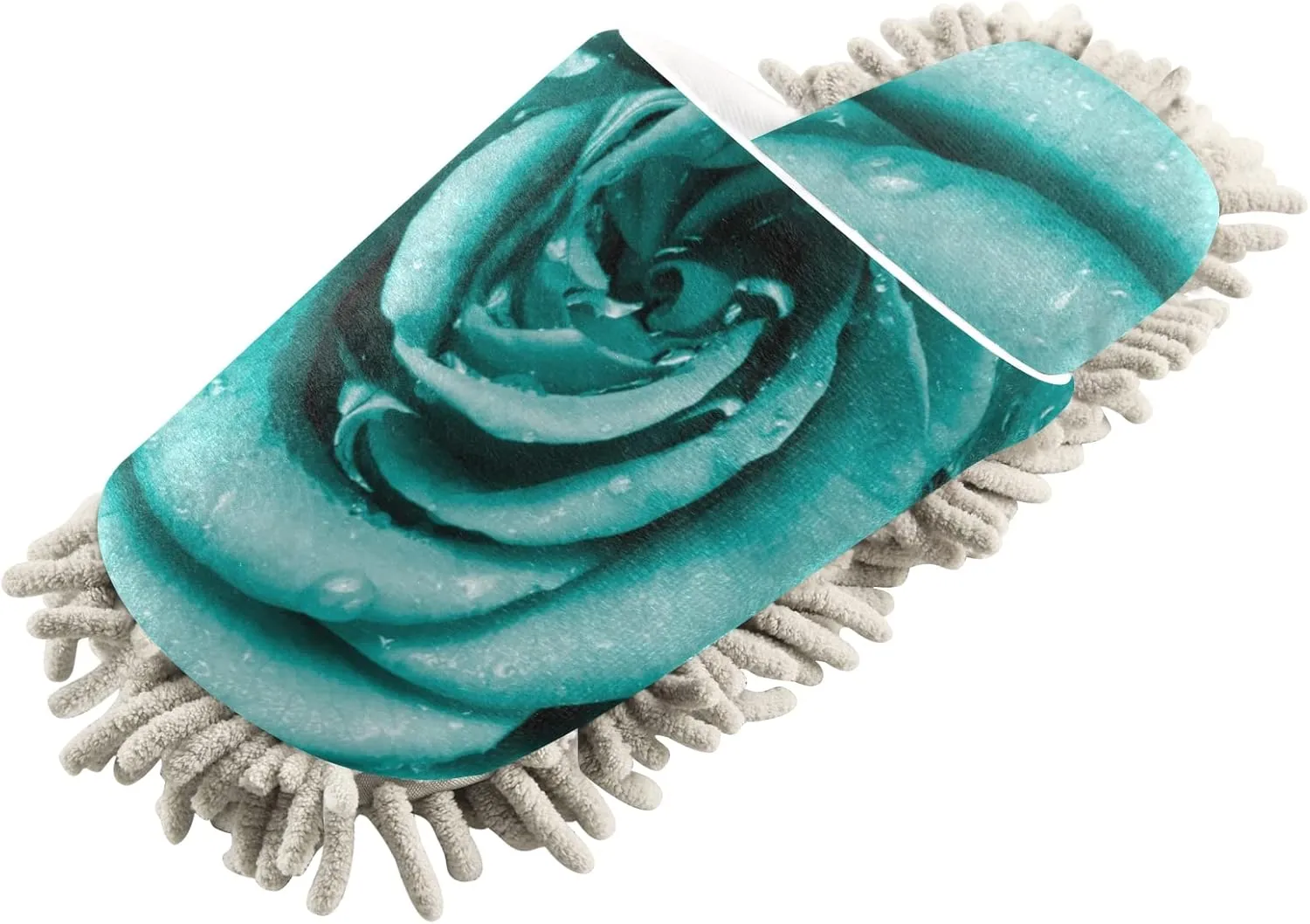xigua Valentine's Day Microfiber Cleaning Slippers Turquoise Rose with Riandrops Washable Mop Shoes Slipper for Men/Women House Floor Dust Cleaner, Size L
