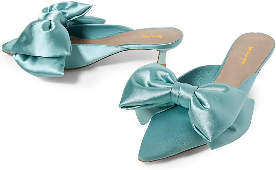 XYD Women Kitten Heel Mules Slip On Dress Sandals with Bows Pointed Toe Low Heel Satin Slippers Wedding Party Casual Shoes