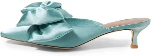XYD Women Kitten Heel Mules Slip On Dress Sandals with Bows Pointed Toe Low Heel Satin Slippers Wedding Party Casual Shoes