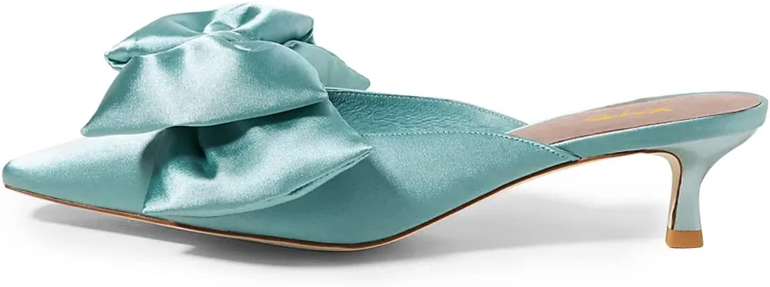 XYD Women Kitten Heel Mules Slip On Dress Sandals with Bows Pointed Toe Low Heel Satin Slippers Wedding Party Casual Shoes