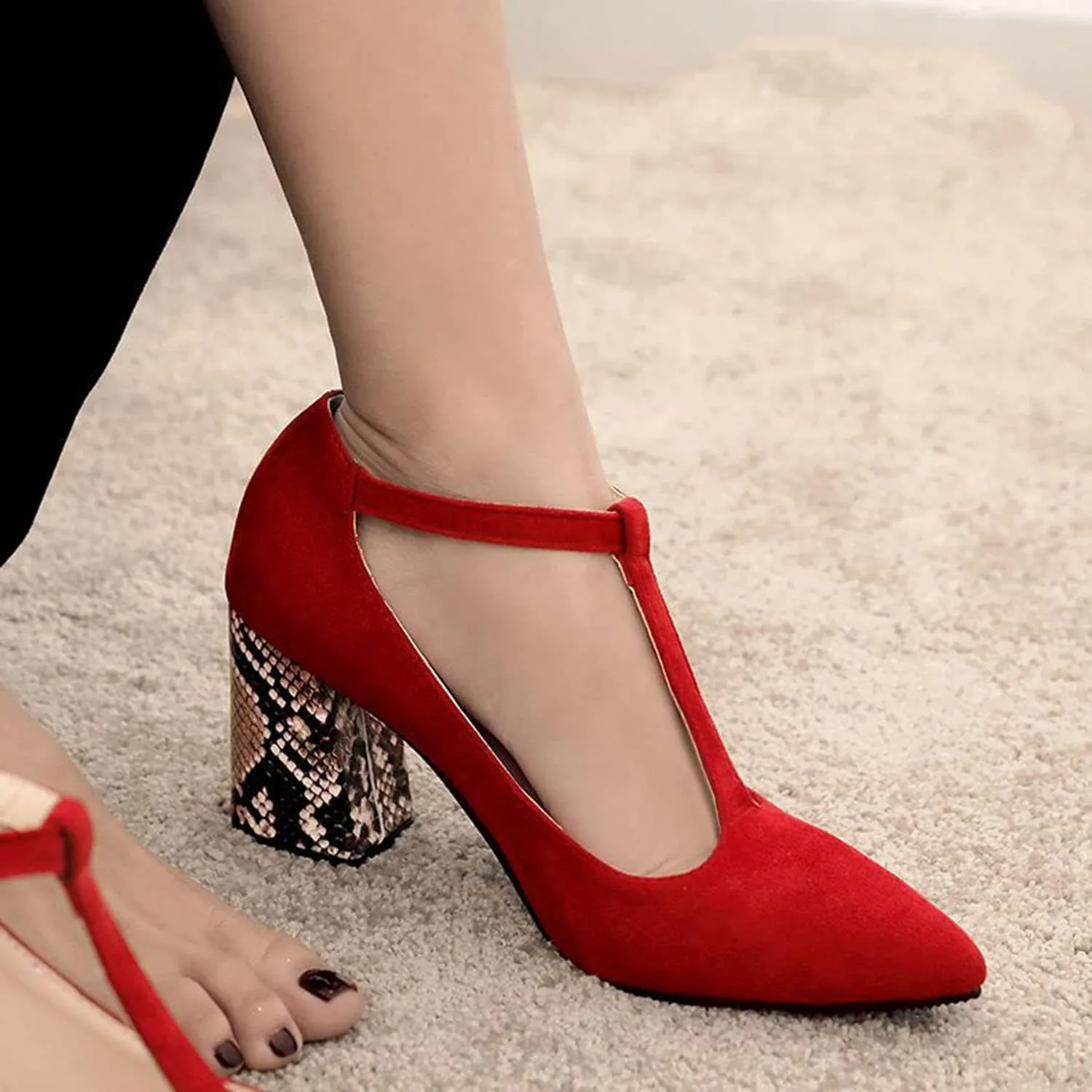 YHTootW 40/46 Plus Size Women's Chunky Heel Shoes 2022 Spring New Single Shoes Snake Print T-Strap High Heels Professional Crystals Splicing Heel