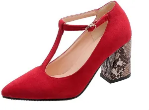 YHTootW 40/46 Plus Size Women's Chunky Heel Shoes 2022 Spring New Single Shoes Snake Print T-Strap High Heels Professional Crystals Splicing Heel