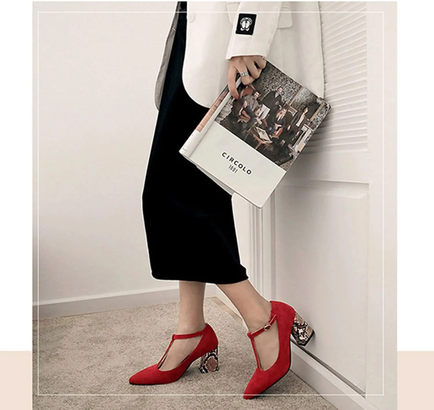 YHTootW 40/46 Plus Size Women's Chunky Heel Shoes 2022 Spring New Single Shoes Snake Print T-Strap High Heels Professional Crystals Splicing Heel