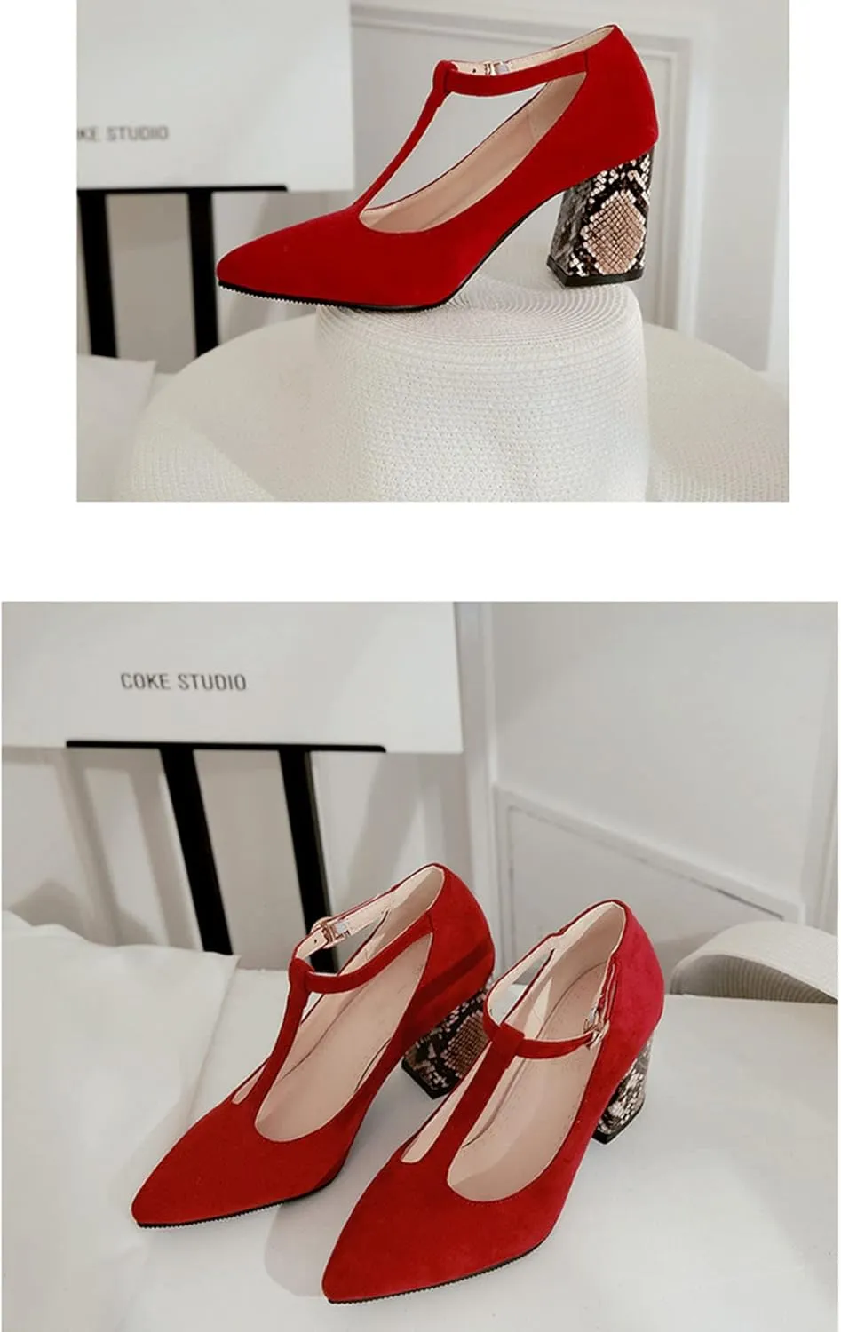 YHTootW 40/46 Plus Size Women's Chunky Heel Shoes 2022 Spring New Single Shoes Snake Print T-Strap High Heels Professional Crystals Splicing Heel