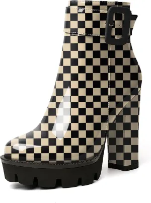 YODEKS Chunky Heel Boots For Women Platform High Heel Boots Dress Ankle Boots Round Toe Lug Sole Short Boots Side Zipper Winter Booties