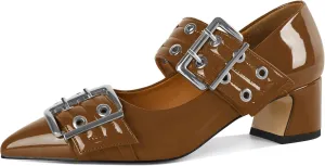 YODEKS Women Low Block Heel Pumps 2 Inch Heels Pointed Toe Eyelets Belt Strap Buckle Shoes Size 6-12