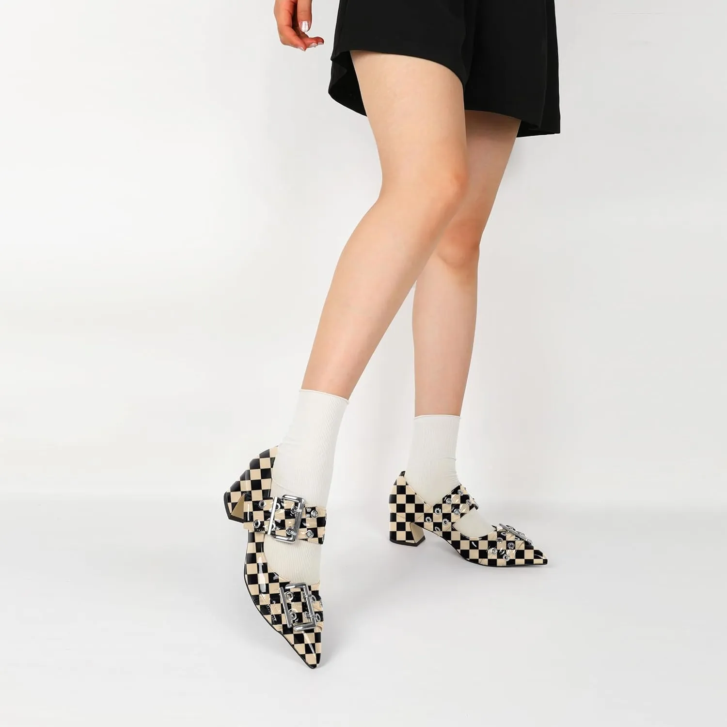 YODEKS Women Low Block Heel Pumps 2 Inch Heels Pointed Toe Eyelets Belt Strap Buckle Shoes Size 6-12