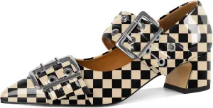 YODEKS Women Low Block Heel Pumps 2 Inch Heels Pointed Toe Eyelets Belt Strap Buckle Shoes Size 6-12