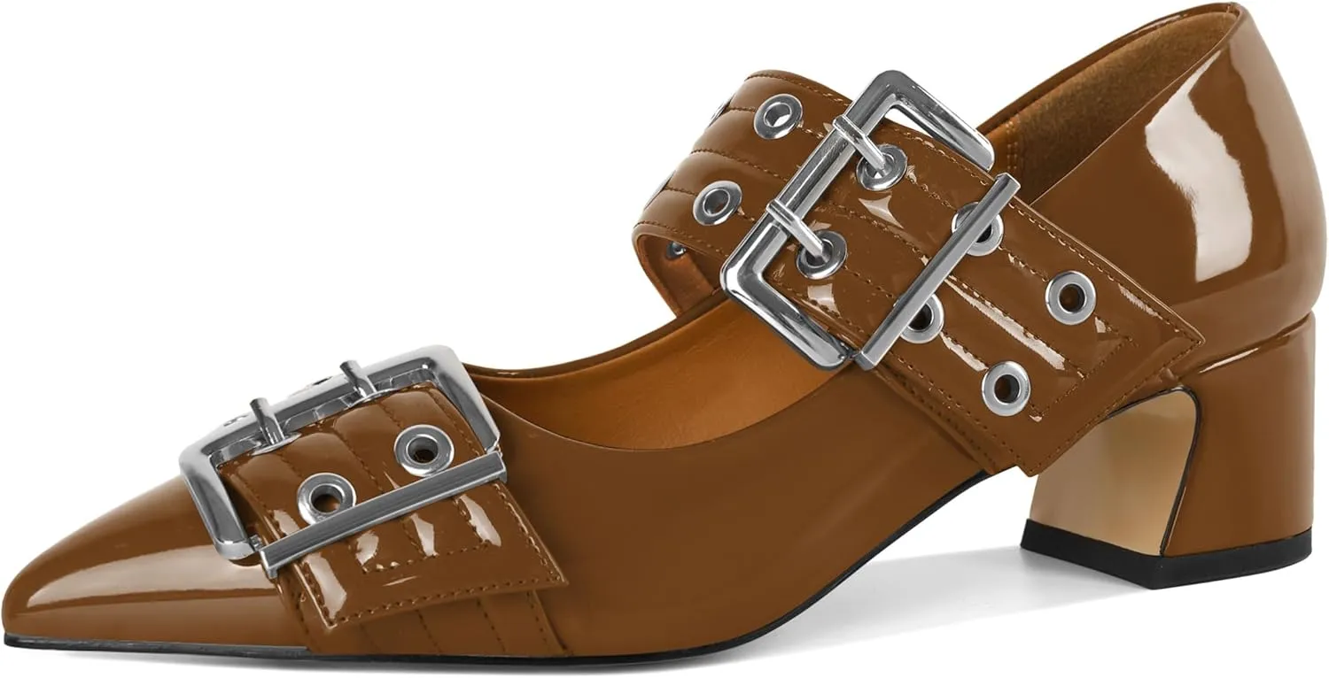 YODEKS Women Low Block Heel Pumps 2 Inch Heels Pointed Toe Eyelets Belt Strap Buckle Shoes Size 6-12