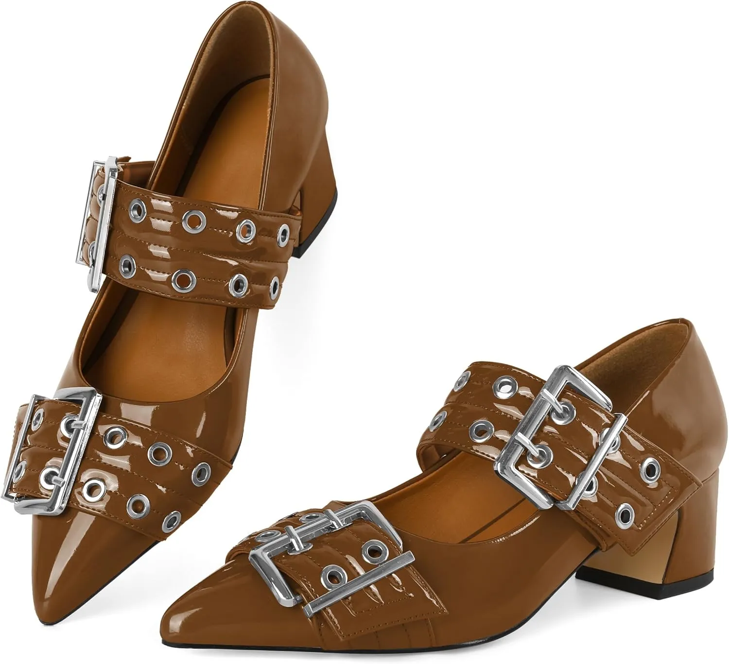 YODEKS Women Low Block Heel Pumps 2 Inch Heels Pointed Toe Eyelets Belt Strap Buckle Shoes Size 6-12