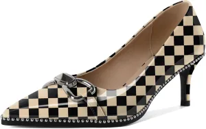 YODEKS Women Low Kitten Heel Pumps Slip On 2.5 Inch Pointed Toe Beaded Metal Buckle Shoes Size 5-13