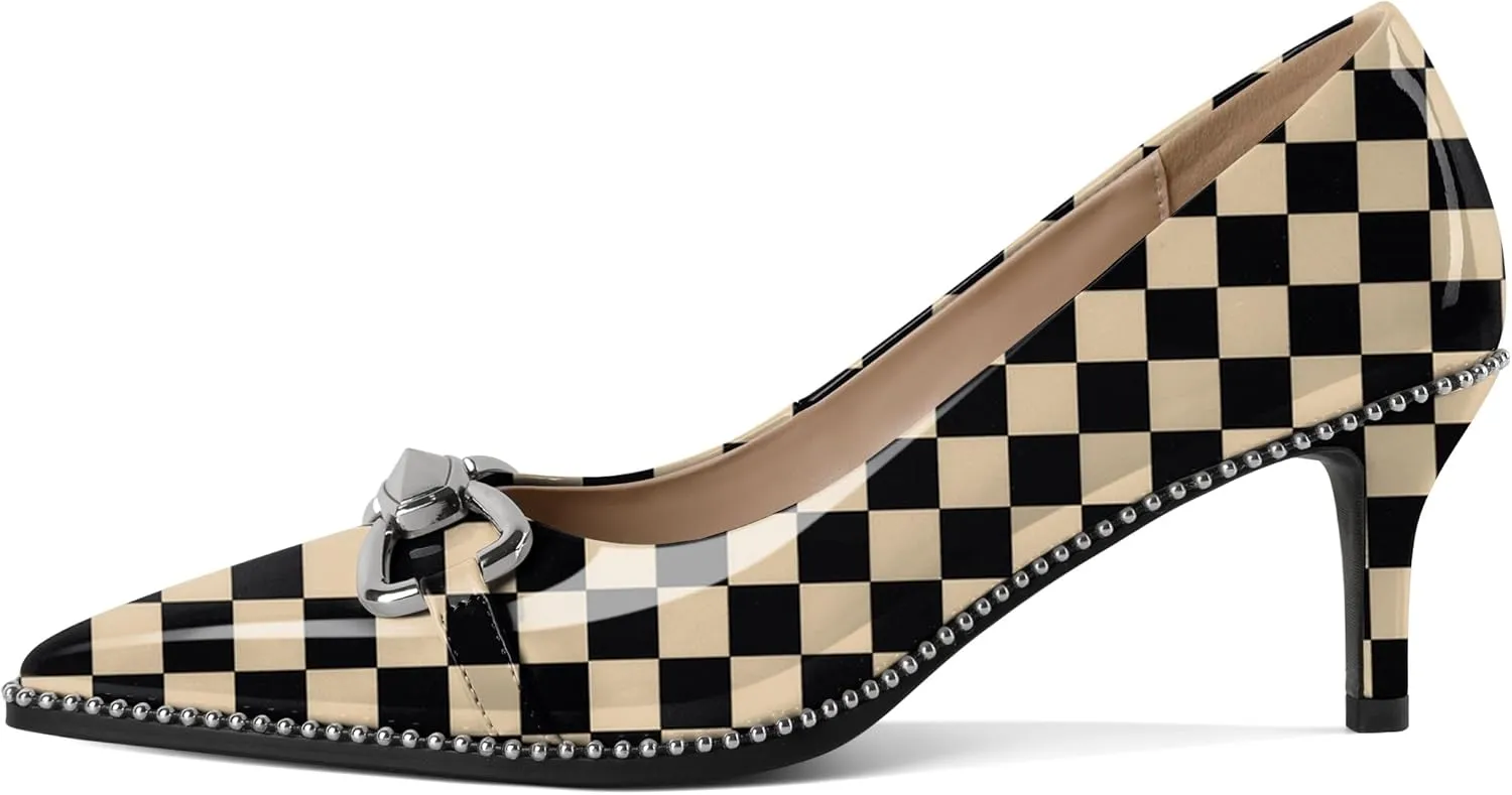 YODEKS Women Low Kitten Heel Pumps Slip On 2.5 Inch Pointed Toe Beaded Metal Buckle Shoes Size 5-13