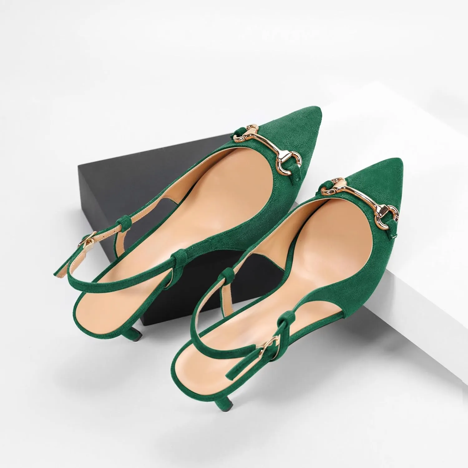 YODEKS Women Slingback Heels Low Kitten Heels Pumps 2.5 Inches Closed Pointed Toe Buckle Comfy Dress Shoes
